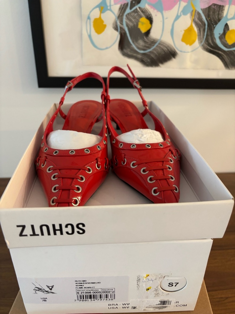 SCHUTZ Red Patent Slingback Pointed-Toe Kitten Heel with Eyelet Lace Detail - Picture 2 of 6